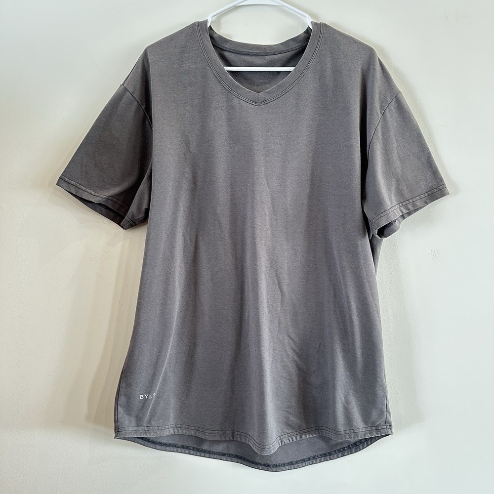 BYLT T-Shirt Mens Large Gray Lux Drop Cut V-Neck Solid Short‎ Sleeve Gym Workout